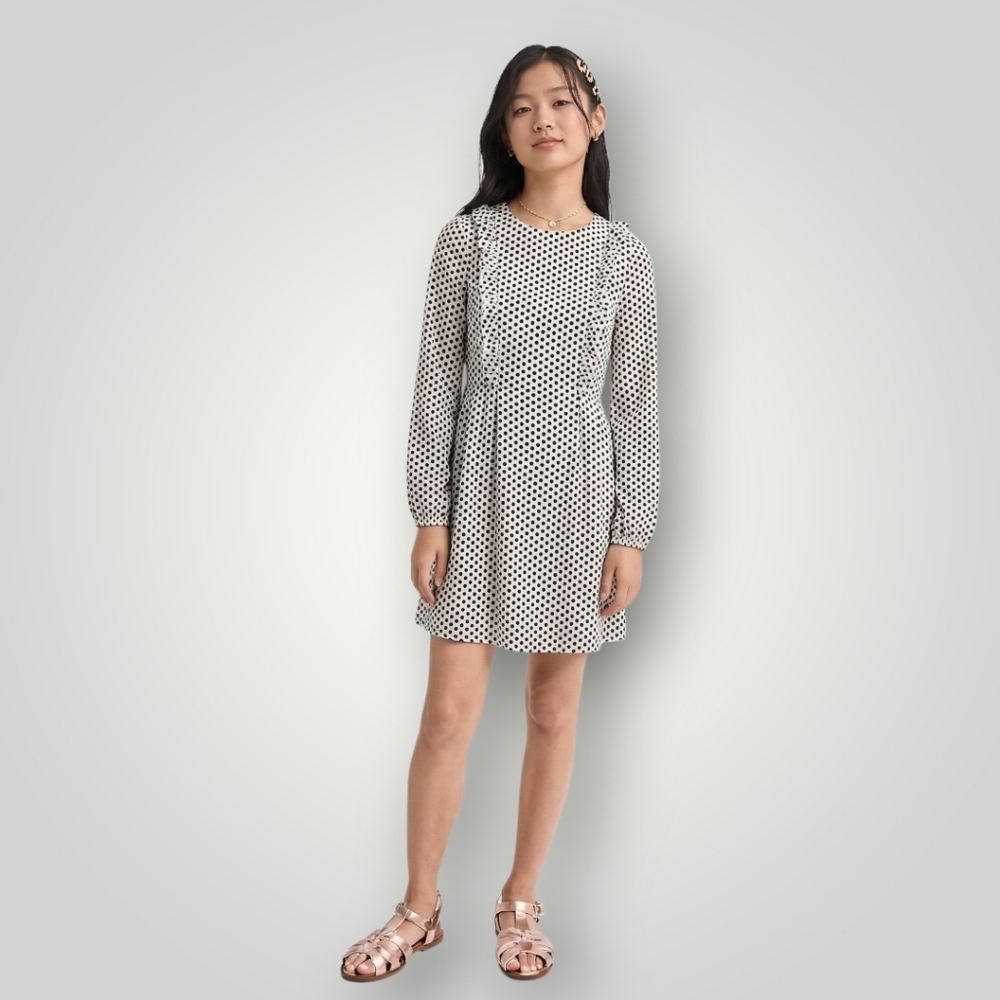 Milly Minis Girls Adeline Dress 16 White Black Polka Dot Ruffle Long Sleeve